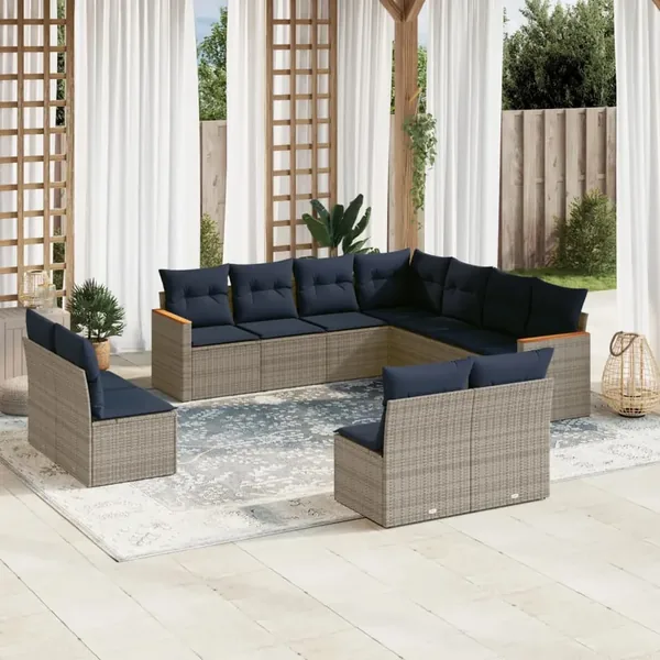Ensemble de canapé de jardin 11 pcs avec coussins gris résine tressée