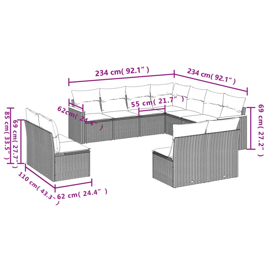 Ensemble de canapé de jardin 11 pcs avec coussins gris résine tressée - 7
