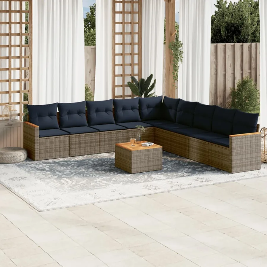 Ensemble de canapé de jardin 10 pcs avec coussins gris résine tressée