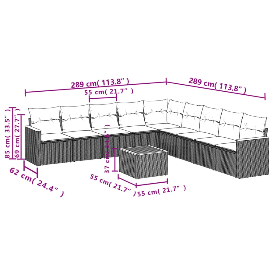 Ensemble de canapé de jardin 10 pcs avec coussins gris résine tressée - 8
