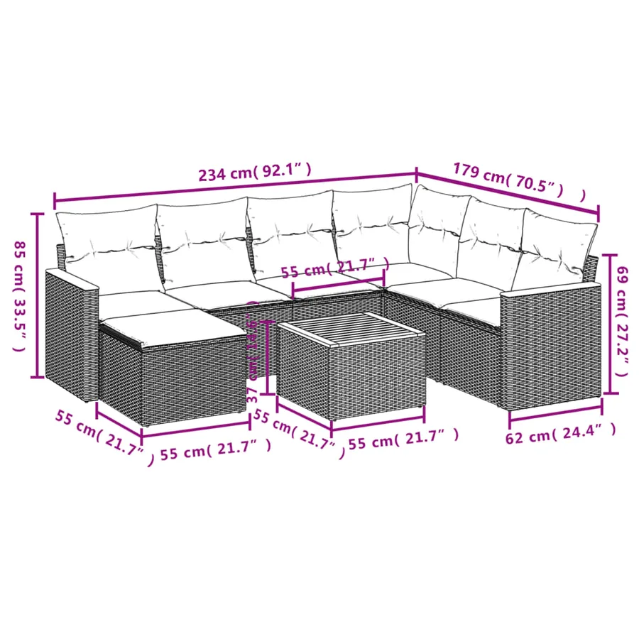 Ensemble de canapé de jardin 8 pcs avec coussins gris résine tressée - 9
