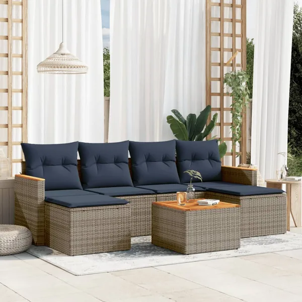 Ensemble de canapé de jardin 7 pcs avec coussins gris résine tressée