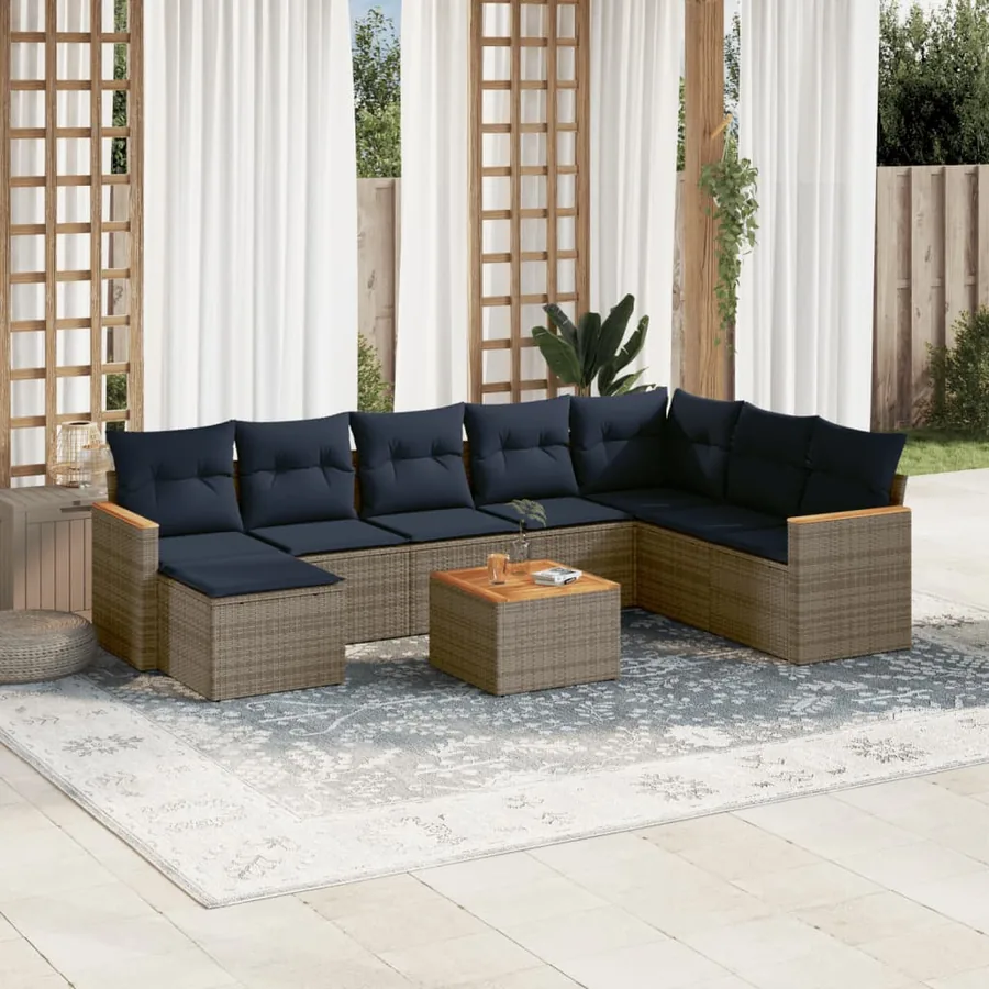 Ensemble de canapé de jardin 9 pcs avec coussins gris résine tressée