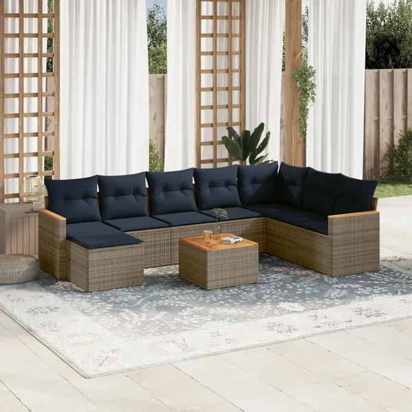 Ensemble de canapé de jardin 9 pcs avec coussins gris résine tressée