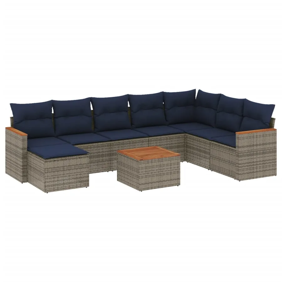Ensemble de canapé de jardin 9 pcs avec coussins gris résine tressée - 2