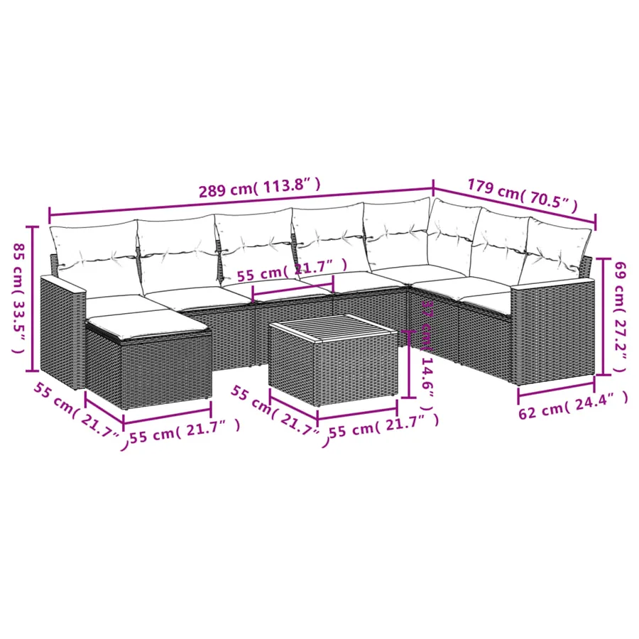 Ensemble de canapé de jardin 9 pcs avec coussins gris résine tressée - 9