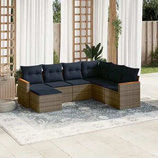 Ensemble de canapé de jardin 7 pcs avec coussins gris résine tressée