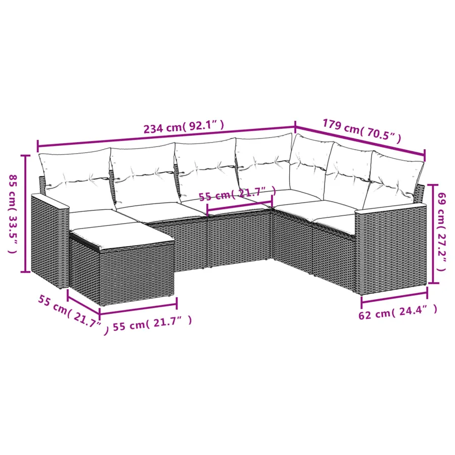 Ensemble de canapé de jardin 7 pcs avec coussins gris résine tressée - 8