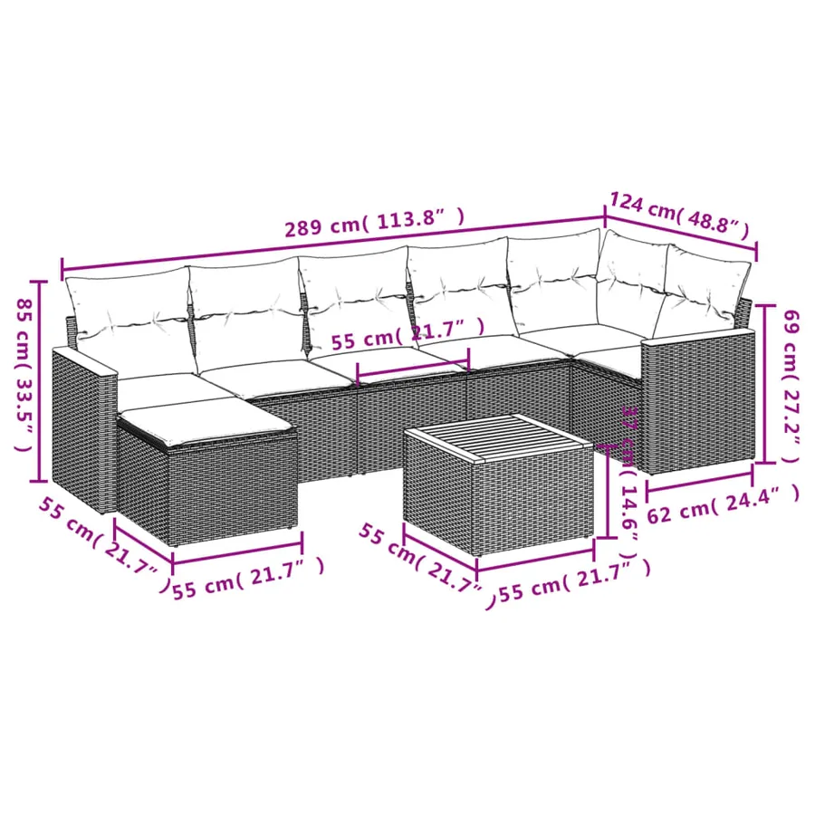 Ensemble de canapé de jardin 8 pcs avec coussins gris résine tressée - 9