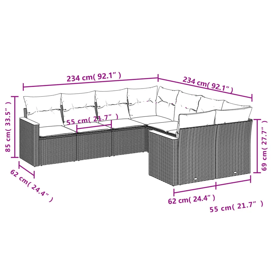 Ensemble de canapé de jardin 8 pcs avec coussins gris résine tressée - 7