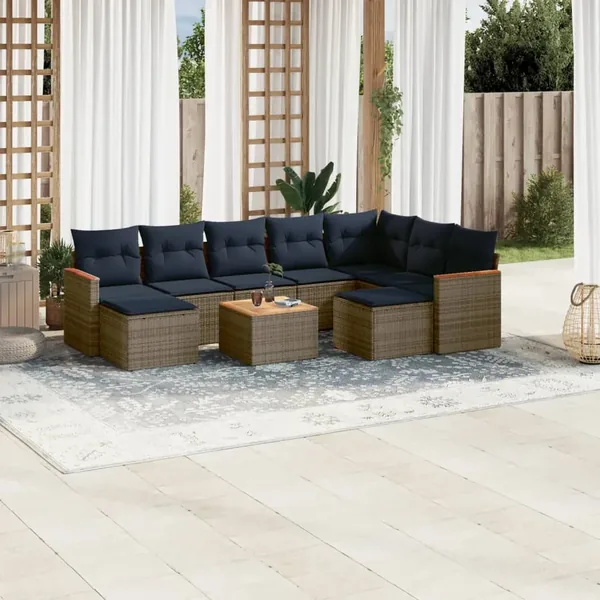 Ensemble de canapé de jardin 10 pcs avec coussins gris résine tressée