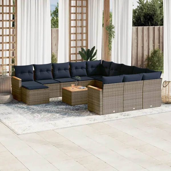 Ensemble de canapé de jardin 13 pcs avec coussins gris résine tressée