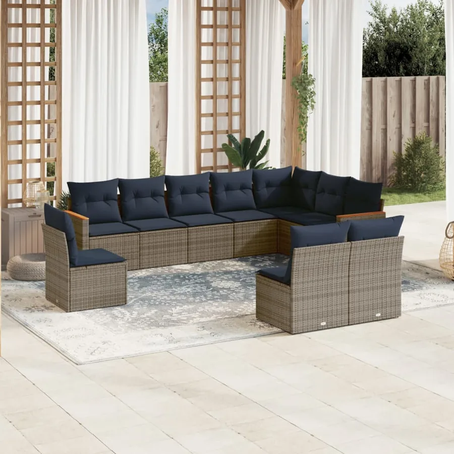 Ensemble de canapé de jardin 10 pcs avec coussins gris résine tressée