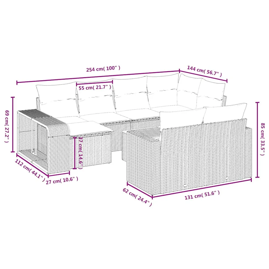 Ensemble de canapé de jardin 11 pcs avec coussins gris résine tressée - 10