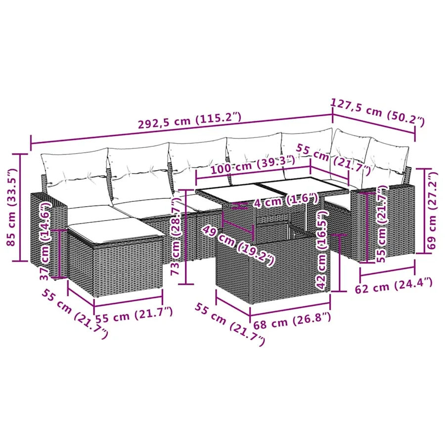 Ensemble de canapé de jardin 8 pcs avec coussins gris résine tressée - 11