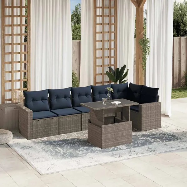 Ensemble de canapé de jardin 7 pcs avec coussins gris résine tressée
