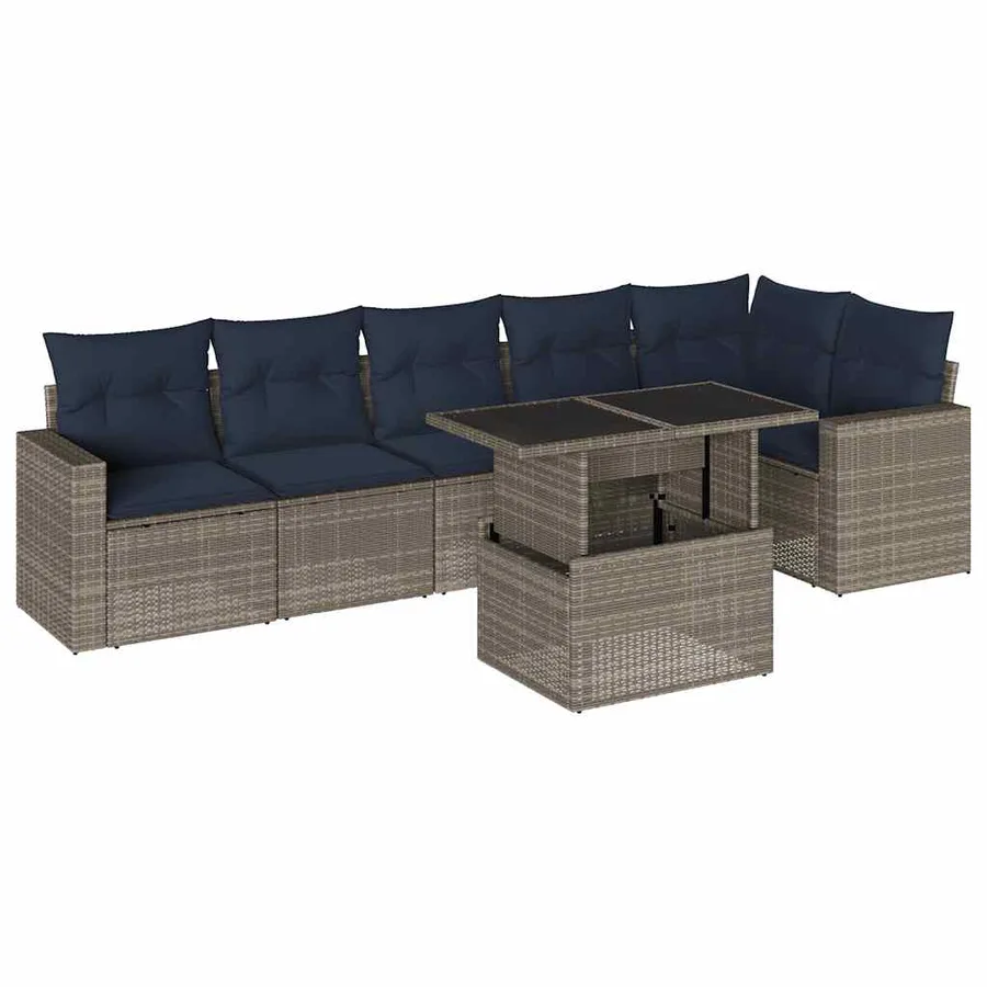 Ensemble de canapé de jardin 7 pcs avec coussins gris résine tressée - 2