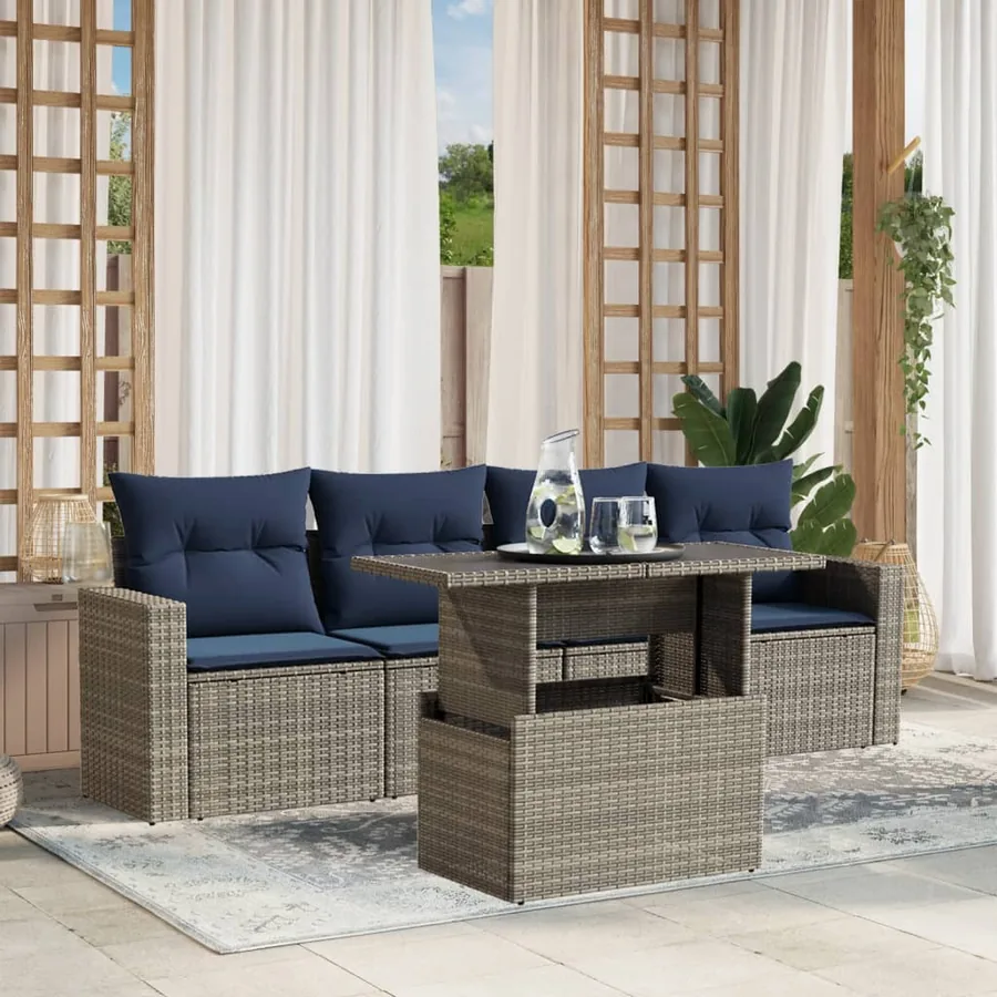Ensemble de canapé de jardin 5 pcs avec coussins gris résine tressée