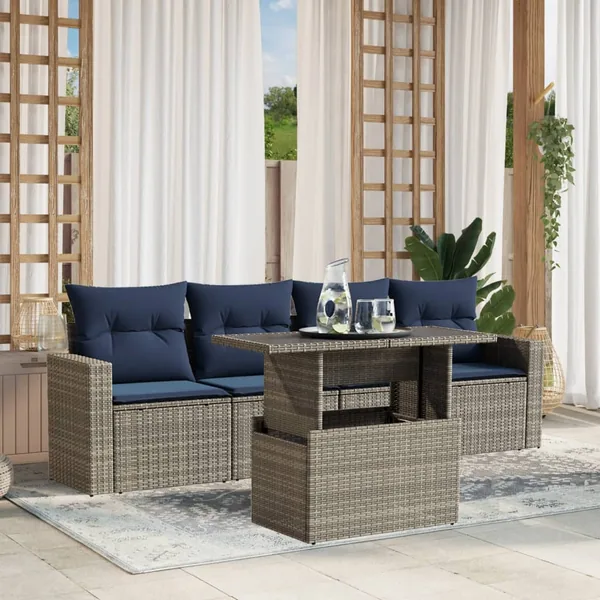 Ensemble de canapé de jardin 5 pcs avec coussins gris résine tressée