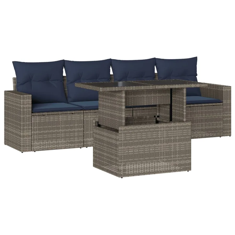 Ensemble de canapé de jardin 5 pcs avec coussins gris résine tressée - 2