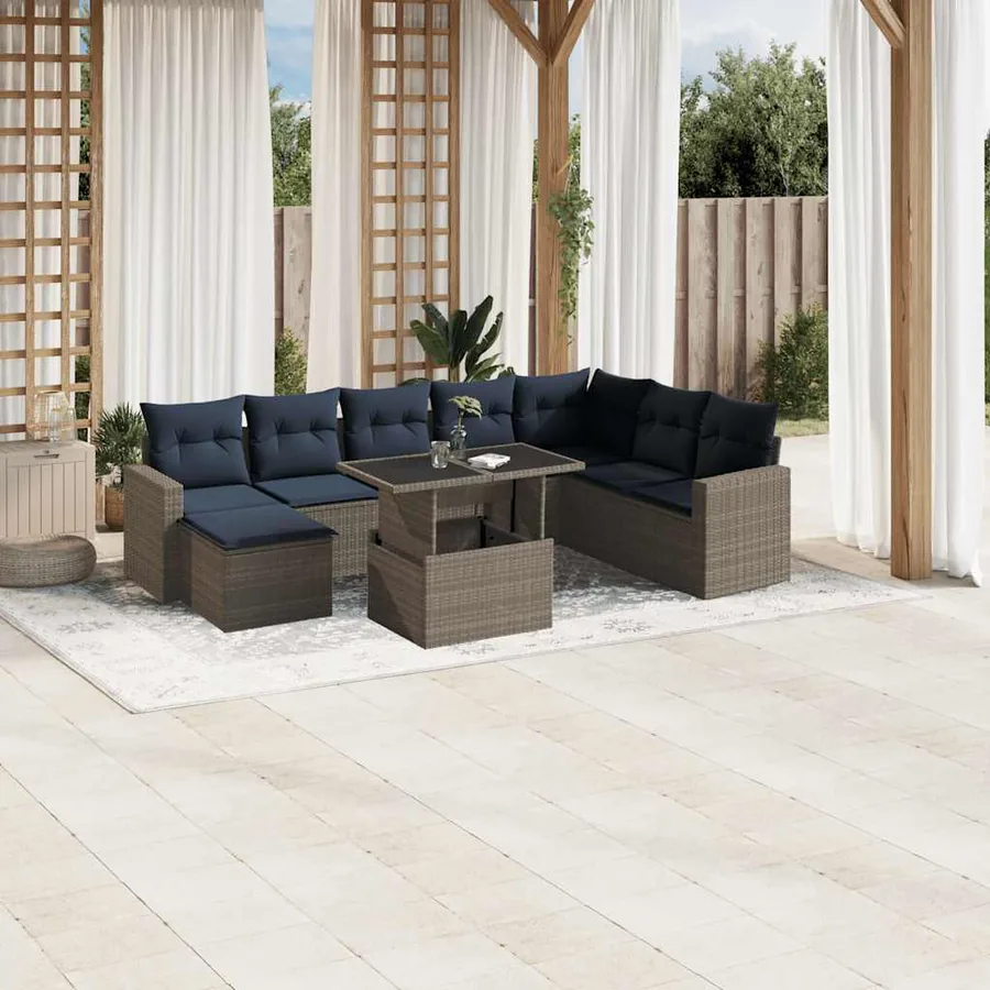 Ensemble de canapé de jardin 9 pcs avec coussins gris résine tressée