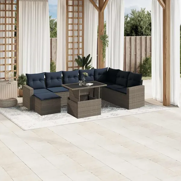 Ensemble de canapé de jardin 9 pcs avec coussins gris résine tressée