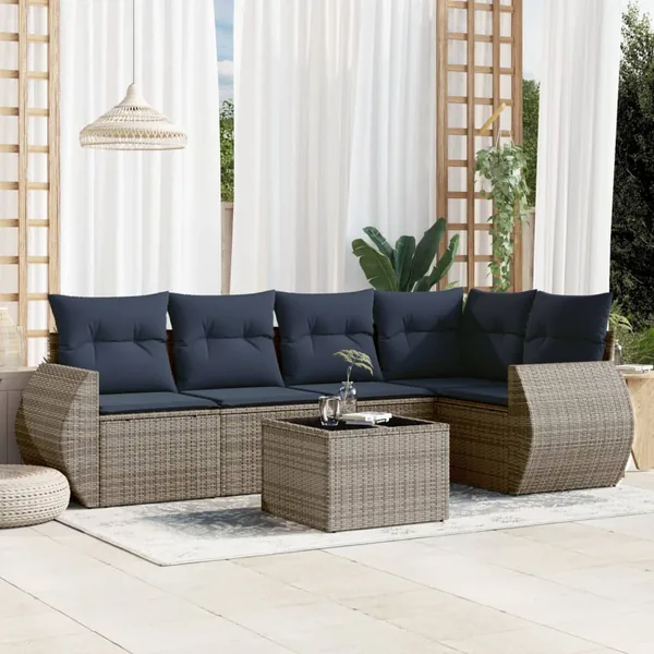 Ensemble de canapé de jardin 6 pcs avec coussins gris résine tressée