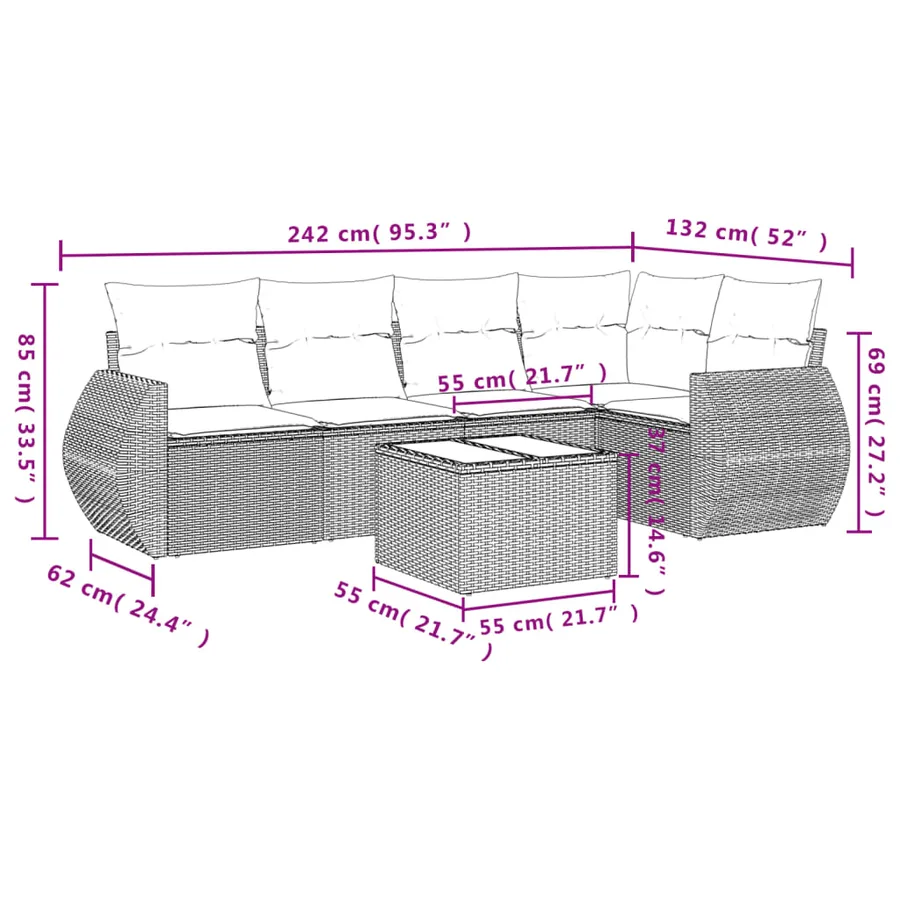 Ensemble de canapé de jardin 6 pcs avec coussins gris résine tressée - 8