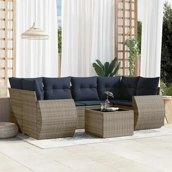 Ensemble de canapé de jardin 7 pcs avec coussins gris résine tressée