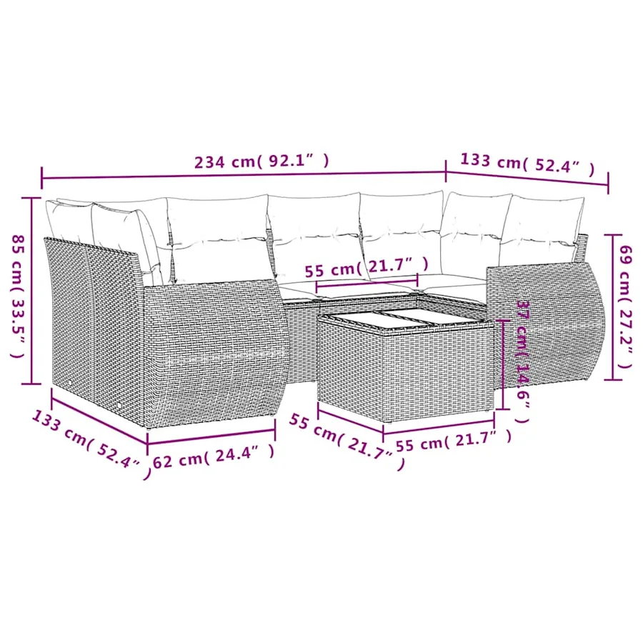 Ensemble de canapé de jardin 7 pcs avec coussins gris résine tressée - 8