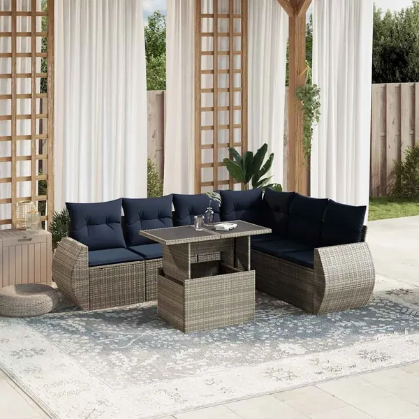 Ensemble de canapé de jardin 7 pcs avec coussins gris résine tressée