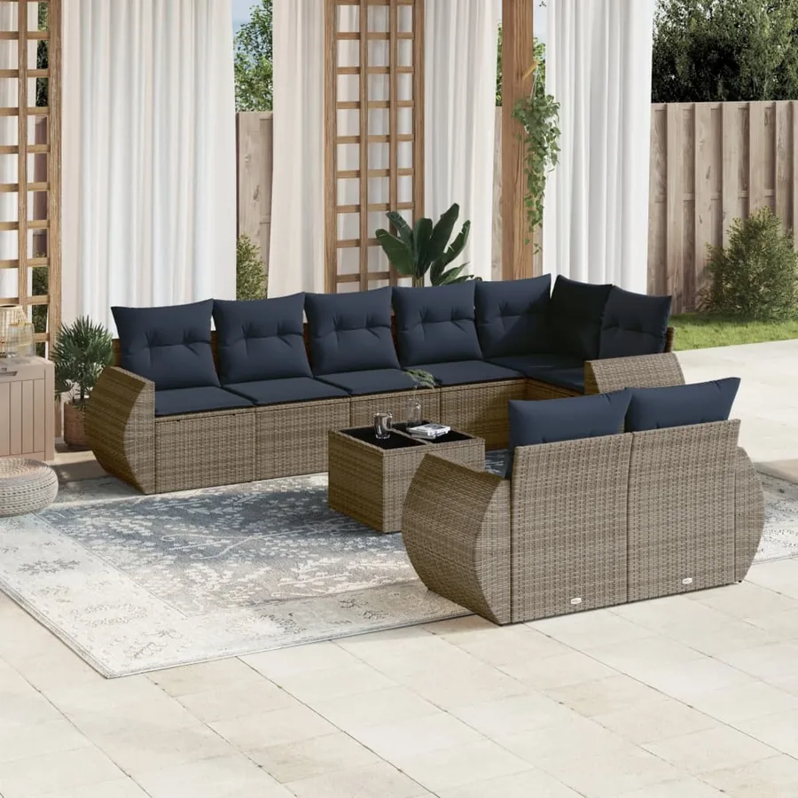 Ensemble de canapé de jardin 9 pcs avec coussins gris résine tressée