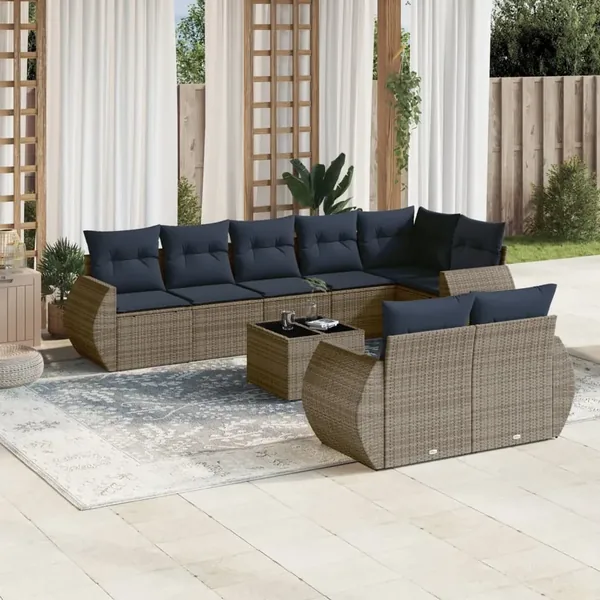 Ensemble de canapé de jardin 9 pcs avec coussins gris résine tressée