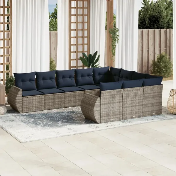 Ensemble de canapé de jardin 10 pcs avec coussins gris résine tressée