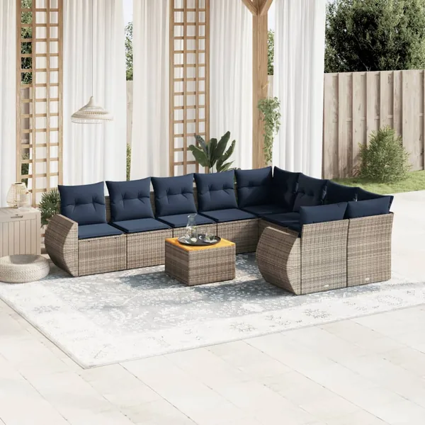 Ensemble de canapé de jardin 10 pcs avec coussins gris résine tressée