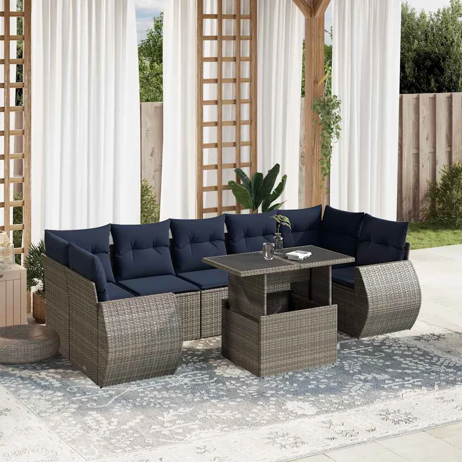 Ensemble de canapé de jardin 8 pcs avec coussins gris résine tressée