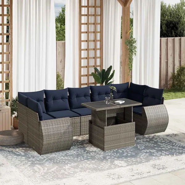 Ensemble de canapé de jardin 8 pcs avec coussins gris résine tressée