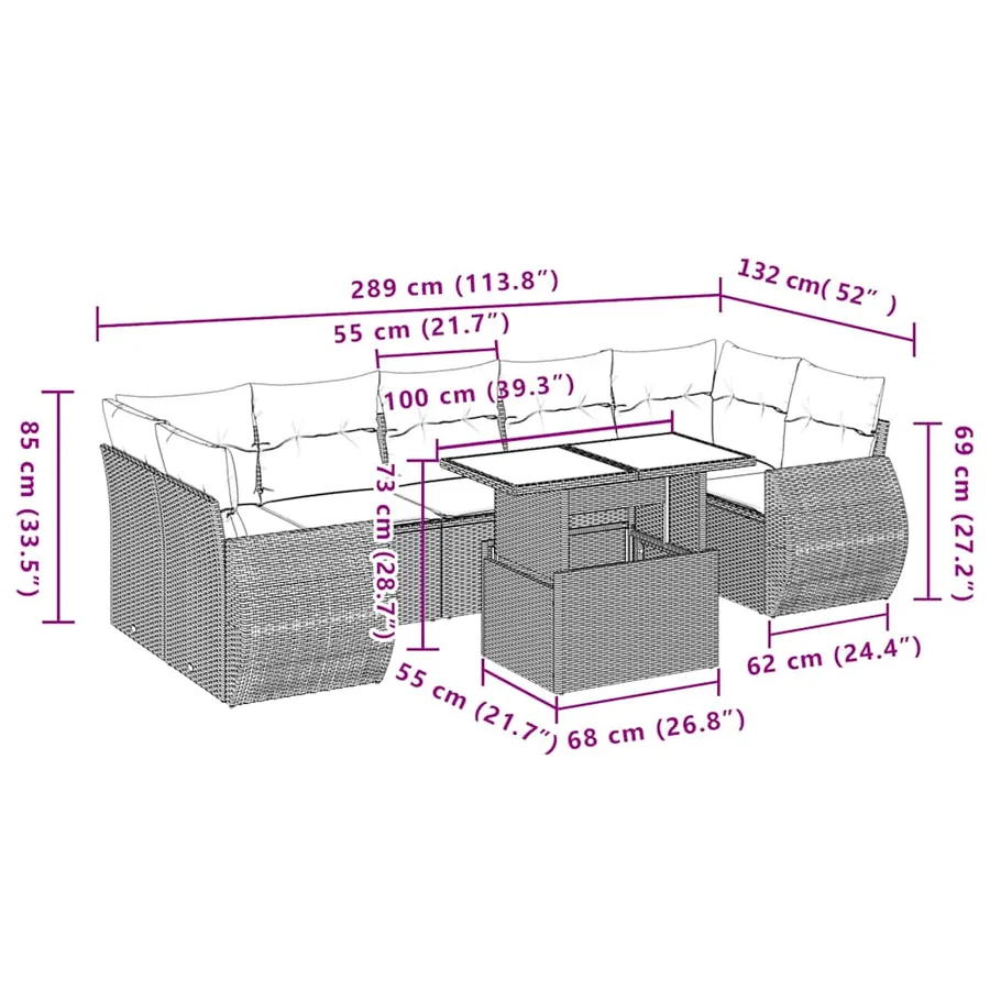Ensemble de canapé de jardin 8 pcs avec coussins gris résine tressée - 10