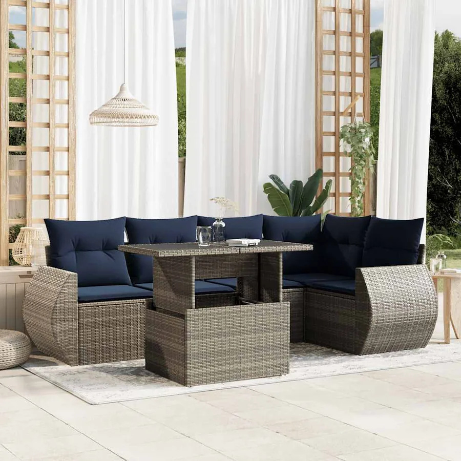 Ensemble de canapé de jardin 6 pcs avec coussins gris résine tressée