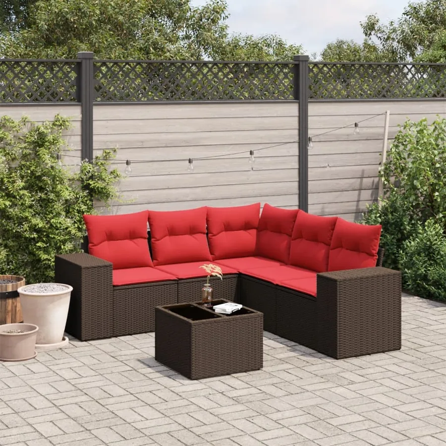 Ensemble de canapé de jardin 6 pcs avec coussins marron résine tressée