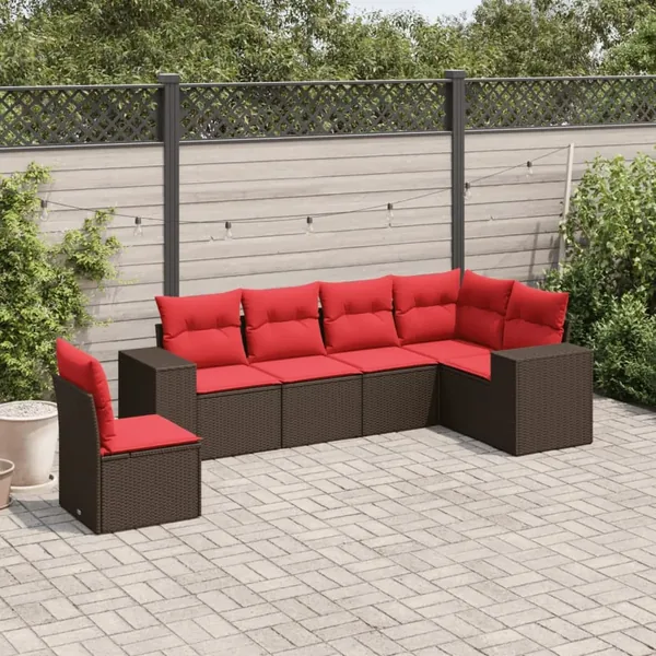 Ensemble de canapé de jardin 6 pcs avec coussins marron résine tressée