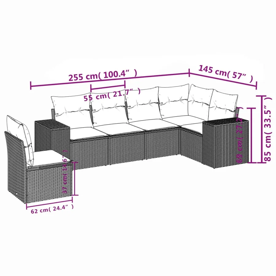Ensemble de canapé de jardin 6 pcs avec coussins marron résine tressée - 7