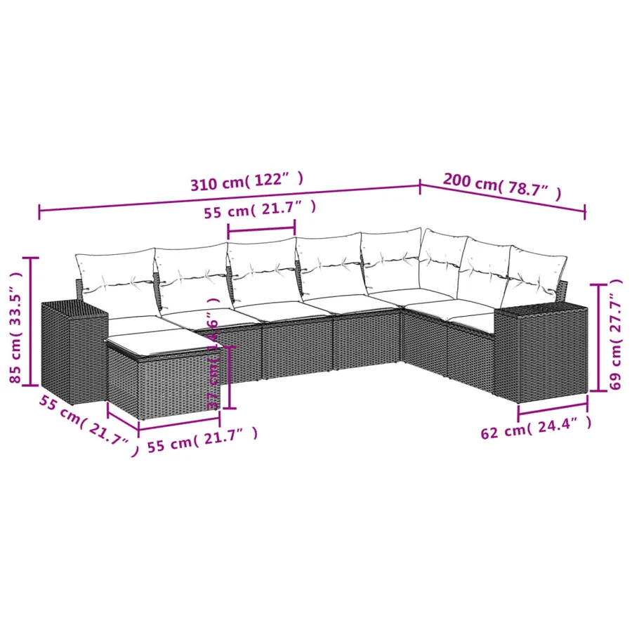 Ensemble de canapé de jardin 8 pcs avec coussins marron résine tressée - 8