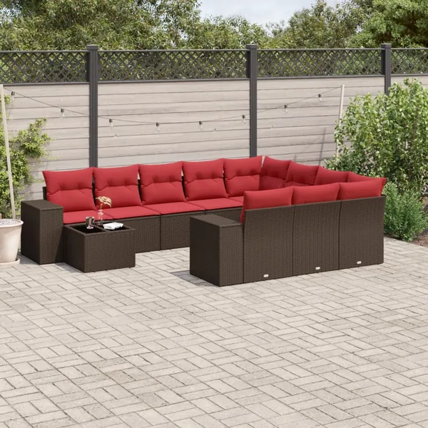 Ensemble de canapé de jardin 11 pcs avec coussins marron résine tressée