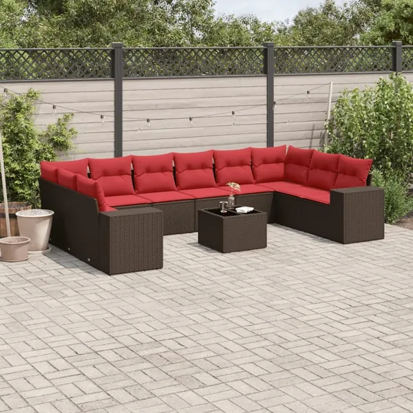 Ensemble de canapé de jardin 11 pcs avec coussins marron résine tressée