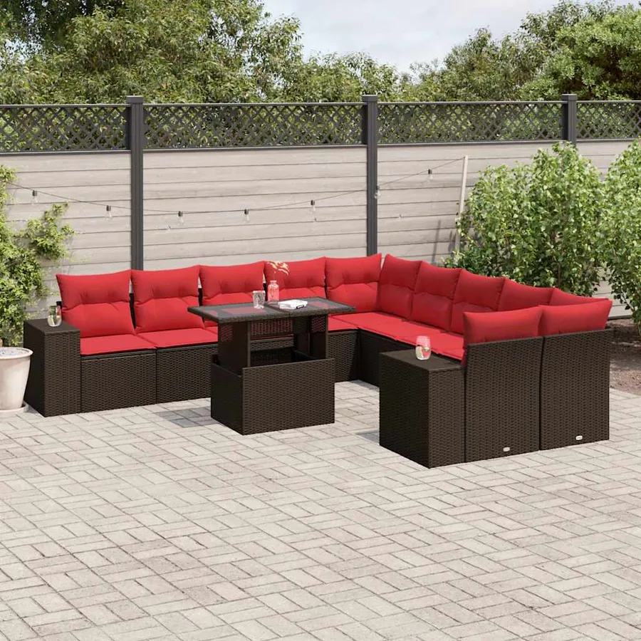 Ensemble de canapé de jardin 11 pcs avec coussins marron résine tressée