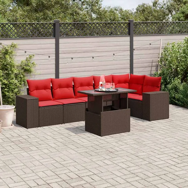 Ensemble de canapé de jardin 7 pcs avec coussins marron résine tressée