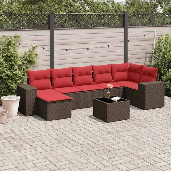 Ensemble de canapé de jardin 8 pcs avec coussins marron résine tressée