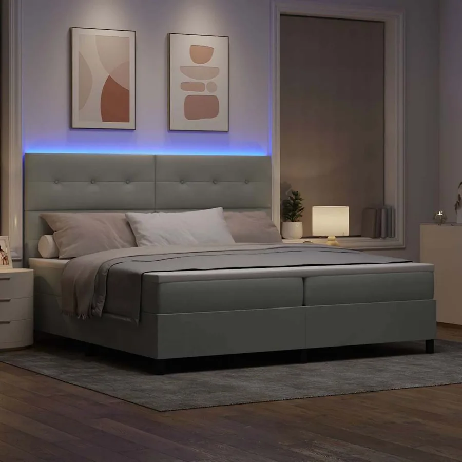 Lit à ressort LED Gris clair 200 x 200 cm Velours - 5