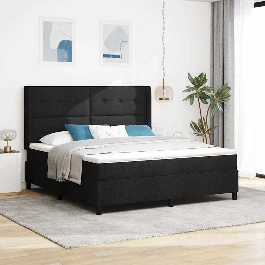Lit à ressorts avec coussin Noir 200 x 180 cm tissu